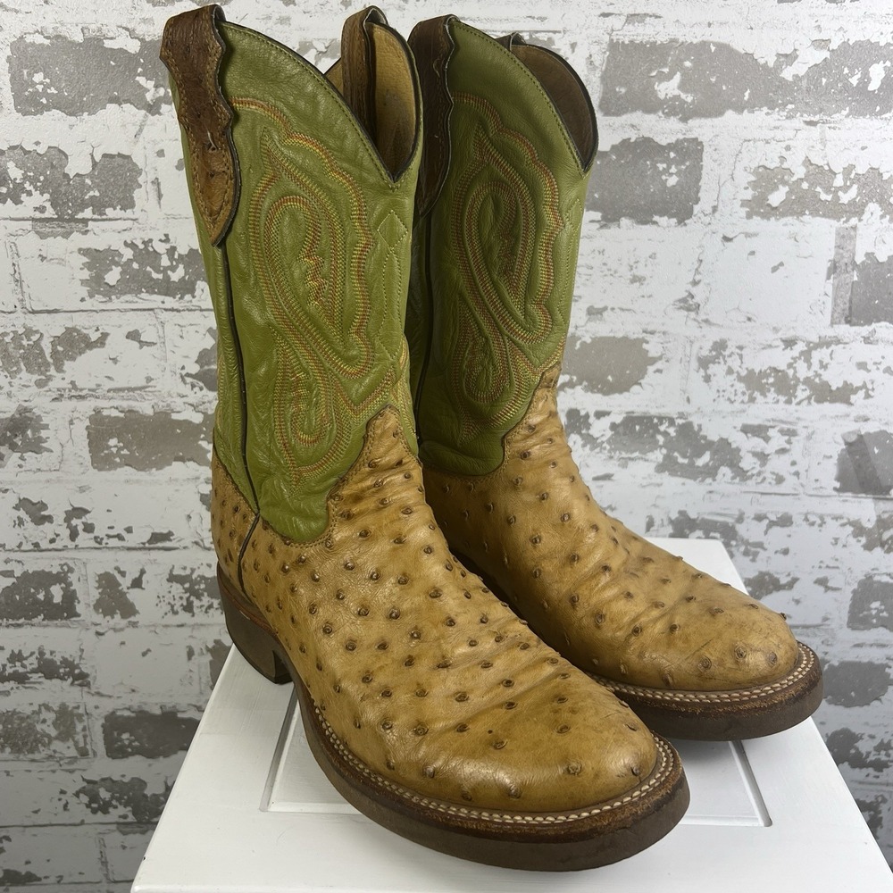 Justin Boots Full Quill Ostrich Tekno Crepe Cowboy Boots Mens 8B Green Tan